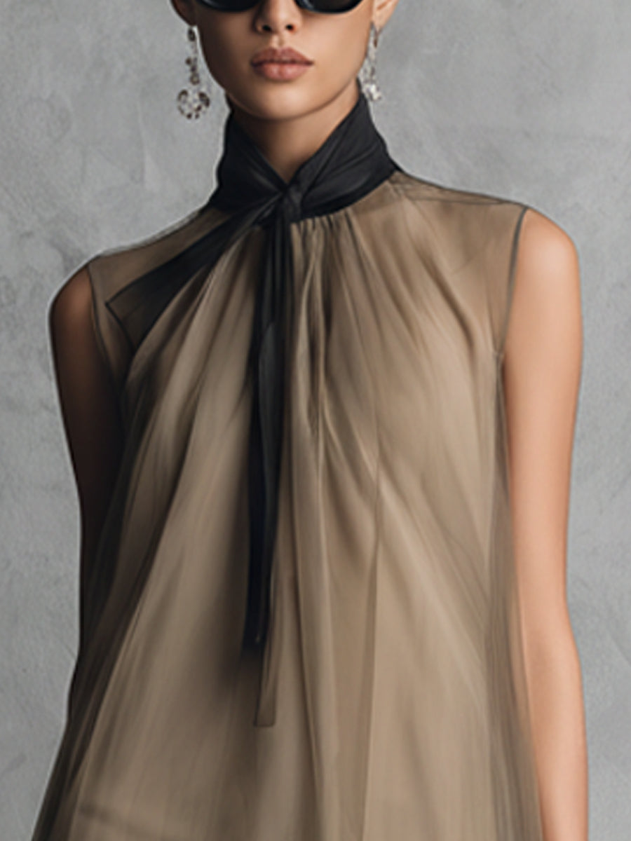 Federica | Abito drappeggiato in chiffon caqui con lazo al collo