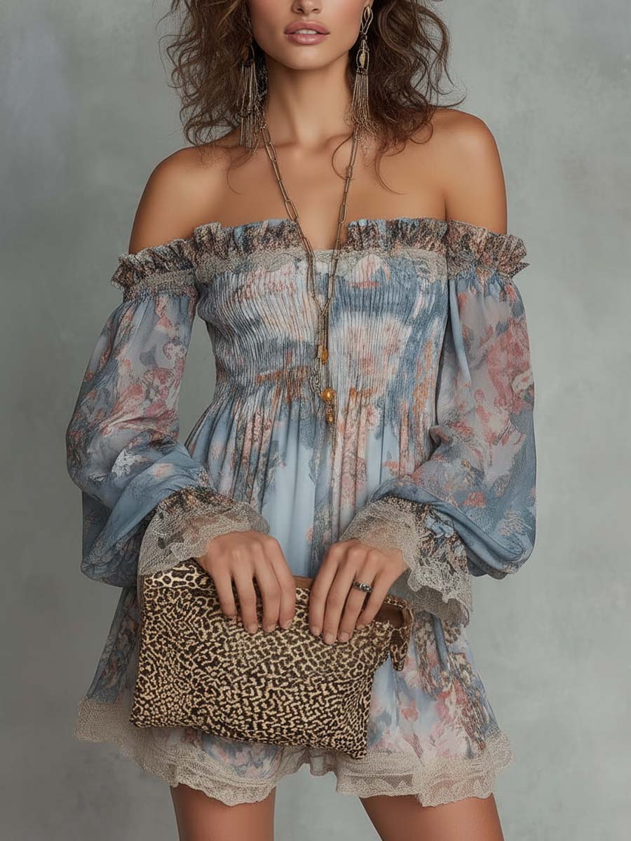Mini abito in chiffon ruché floreale romantico a spalle scoperte