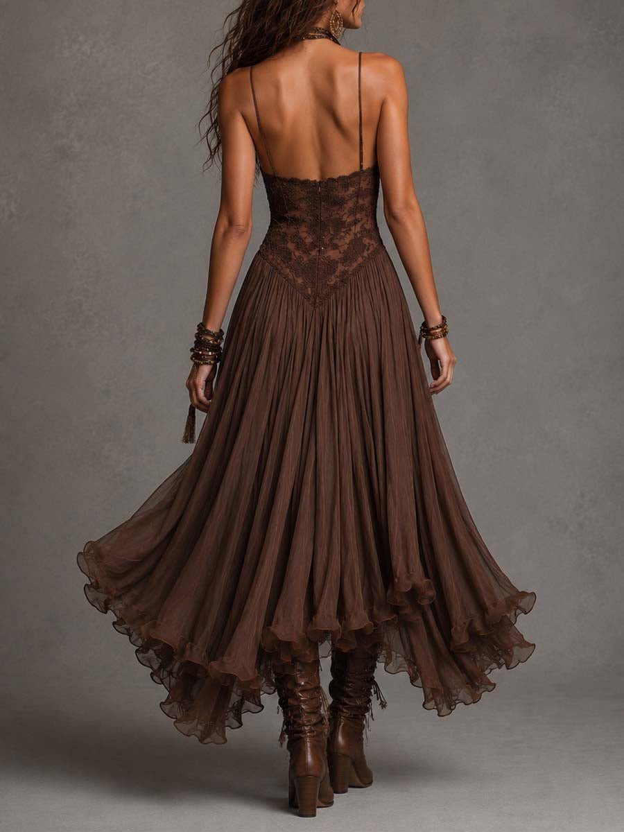 Ofelia | Abito lungo in chiffon e pizzo marrone dal fascino romantico boho
