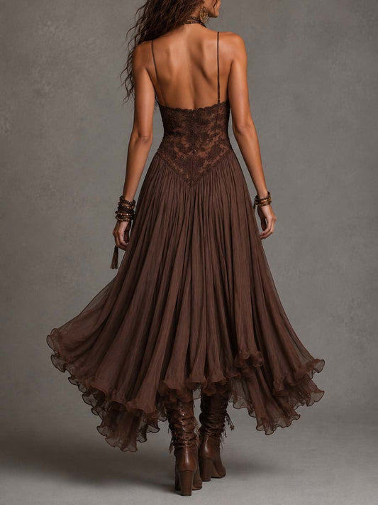 Ofelia | Abito lungo in chiffon e pizzo marrone dal fascino romantico boho