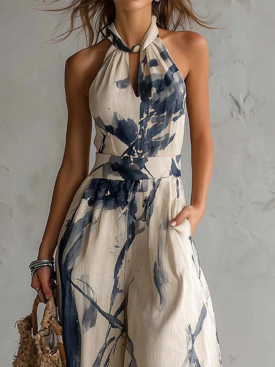 Eleonora | Tuta halter beige con stampa effetto tie-dye blu