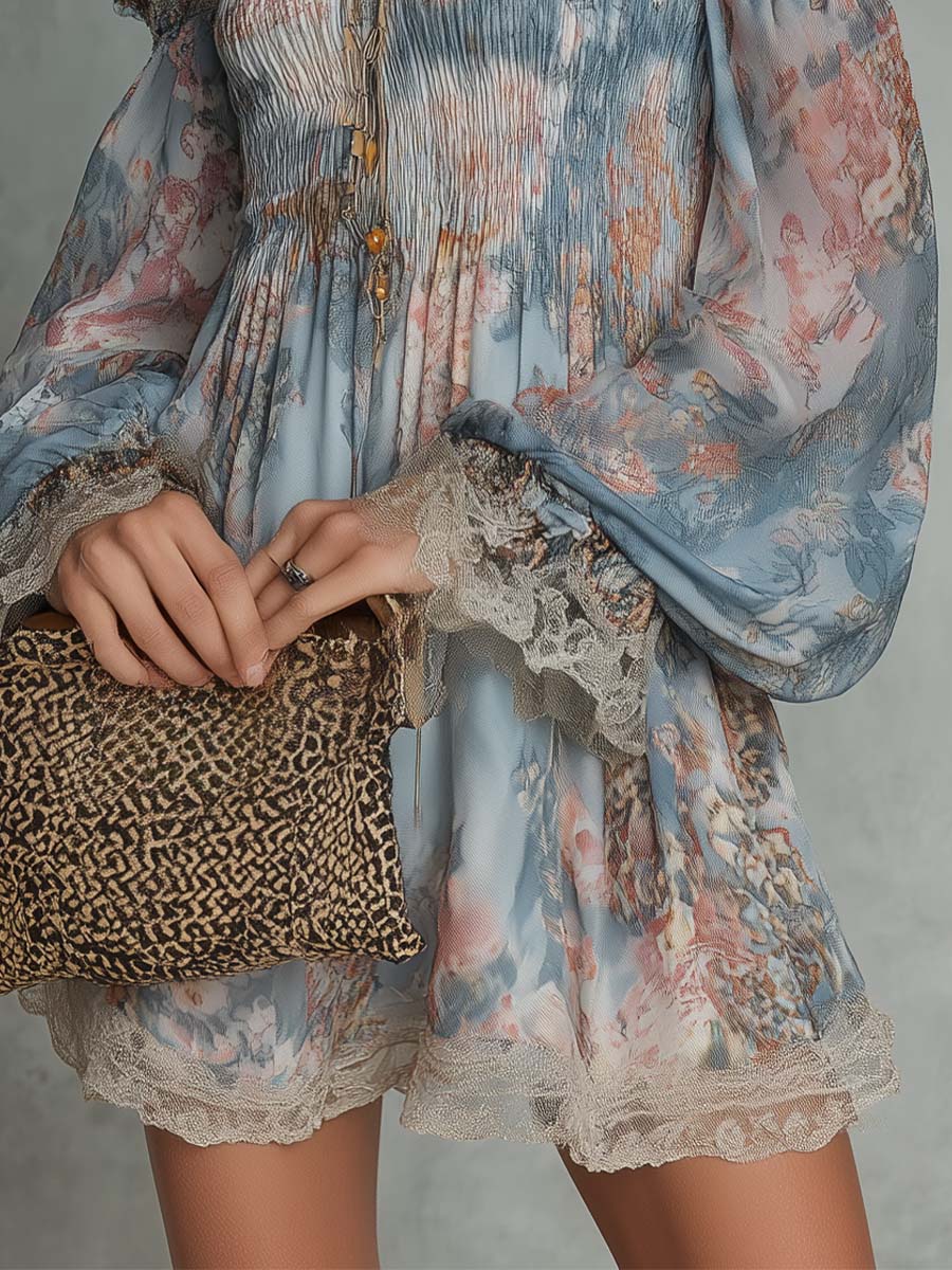 Elvira | Mini abito floreale off-shoulder con maniche ampie e bordi in pizzo
