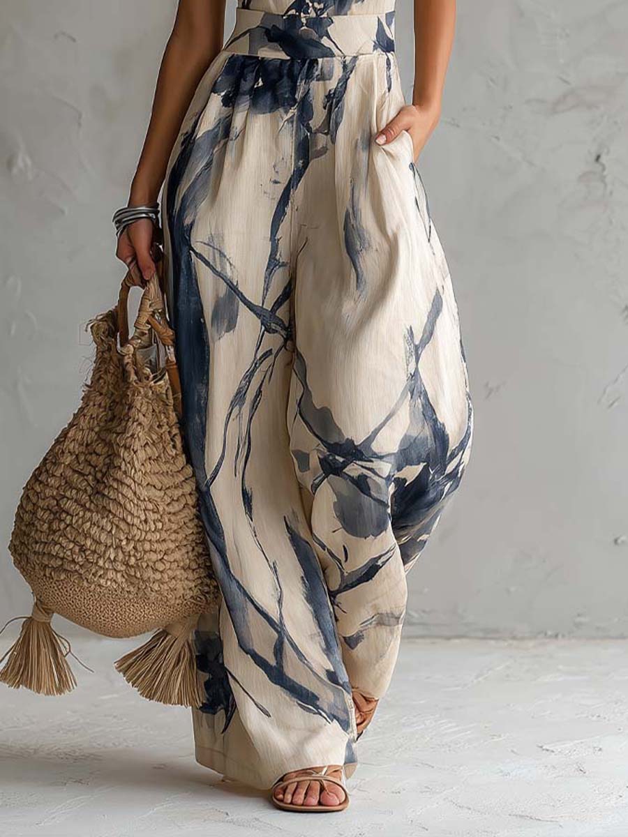 Eleonora | Tuta halter beige con stampa effetto tie-dye blu