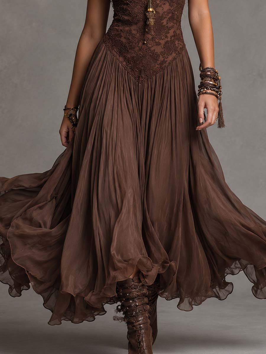 Ofelia | Abito lungo in chiffon e pizzo marrone dal fascino romantico boho