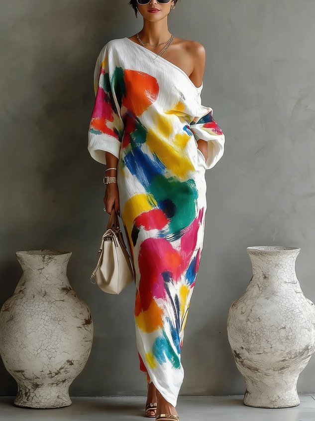 Lucrezia | Abito lungo monospalla con stampa pittorica multicolor
