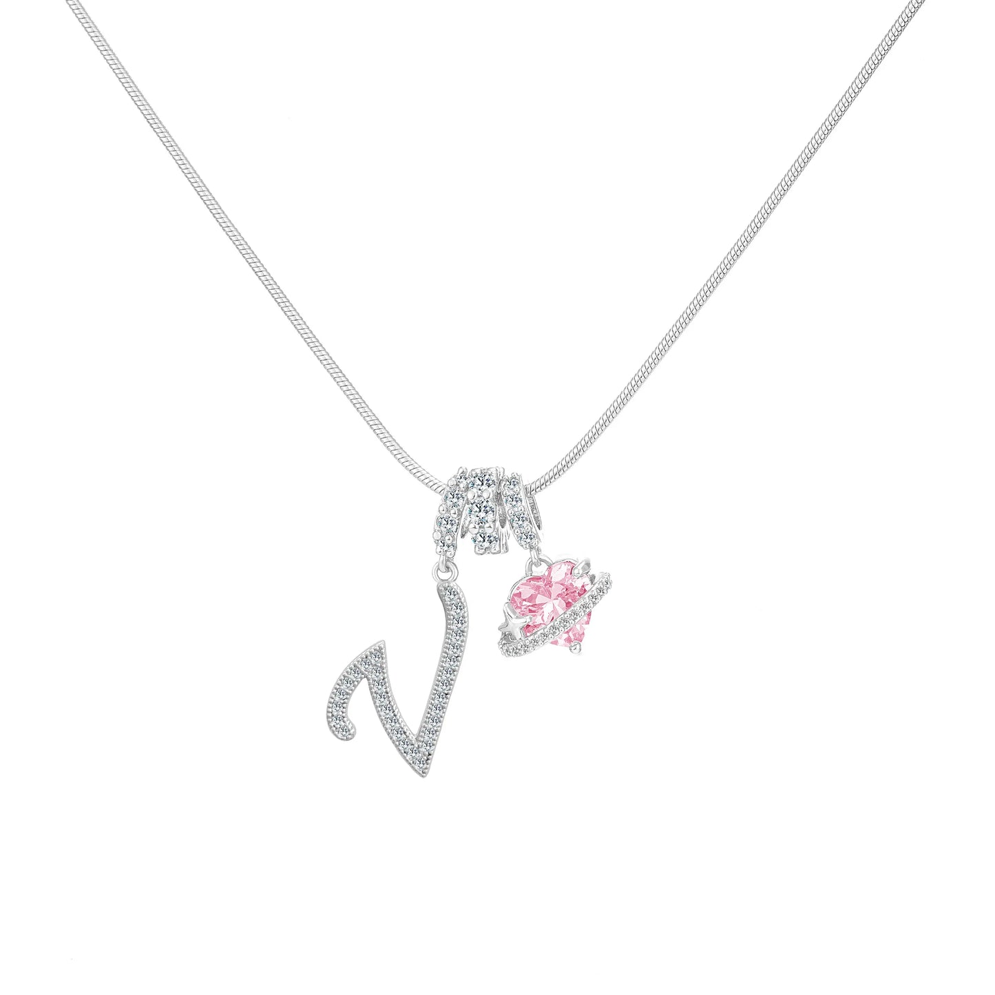 Shimmering Initial & Pink Heart Pendant Necklace