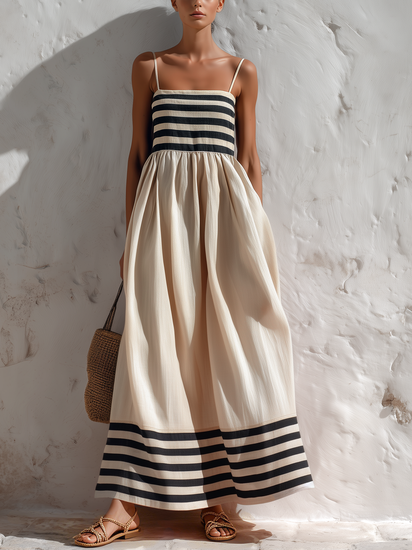 Lavinia | Vestito maxi a righe nero e beige con bretelle