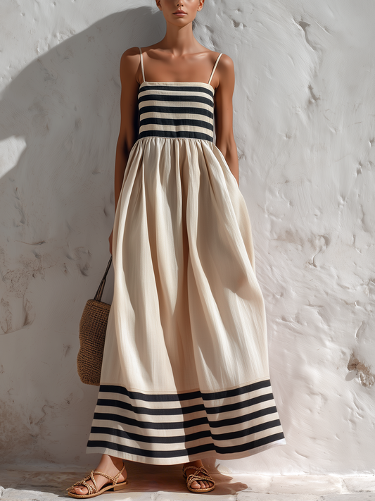 Lavinia | Vestito maxi a righe nero e beige con bretelle