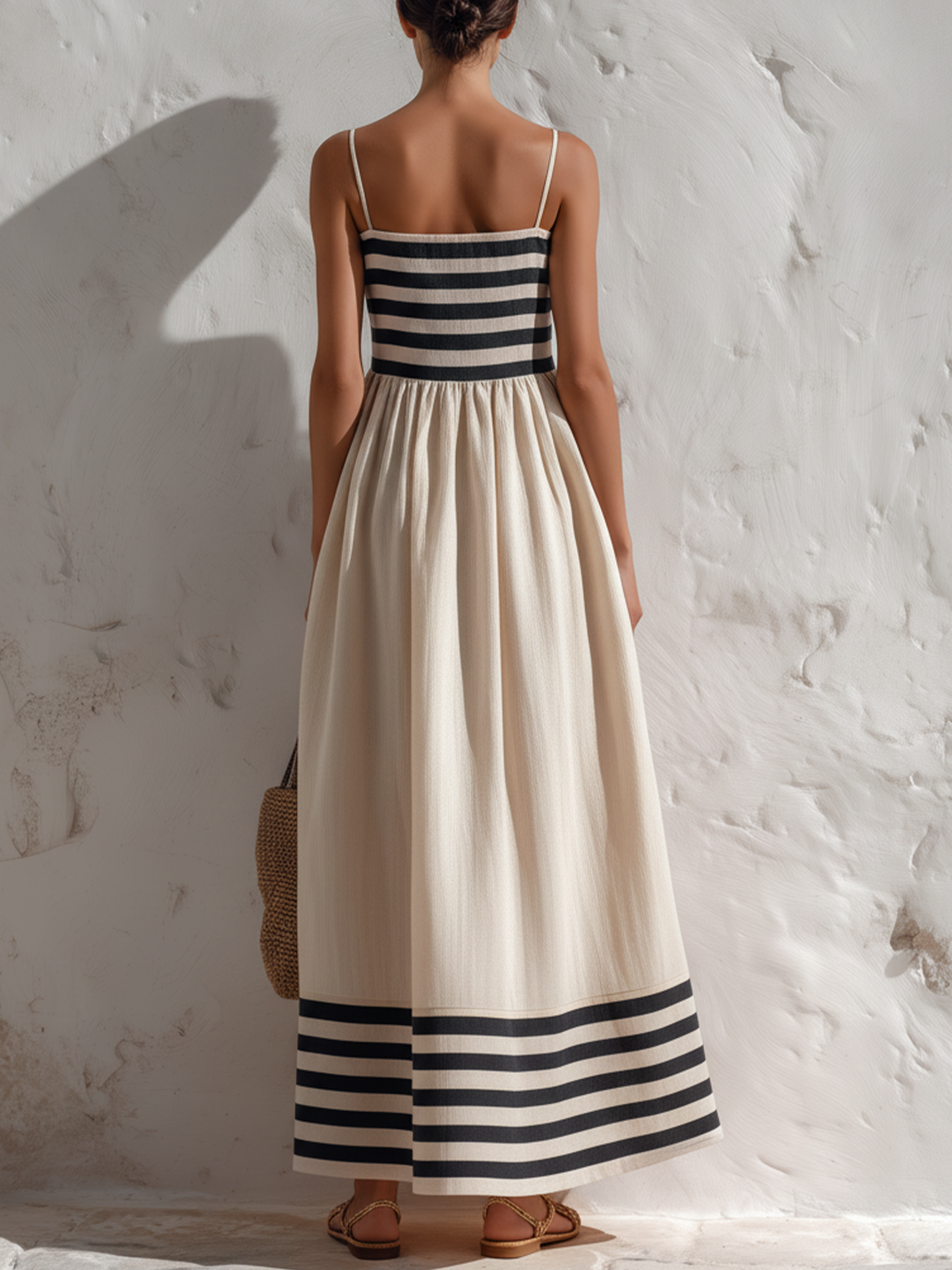 Lavinia | Vestito maxi a righe nero e beige con bretelle
