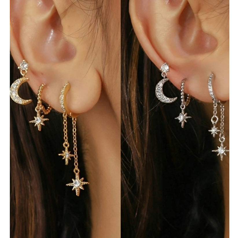 Stackable Hexagram and Moon Earrings Set