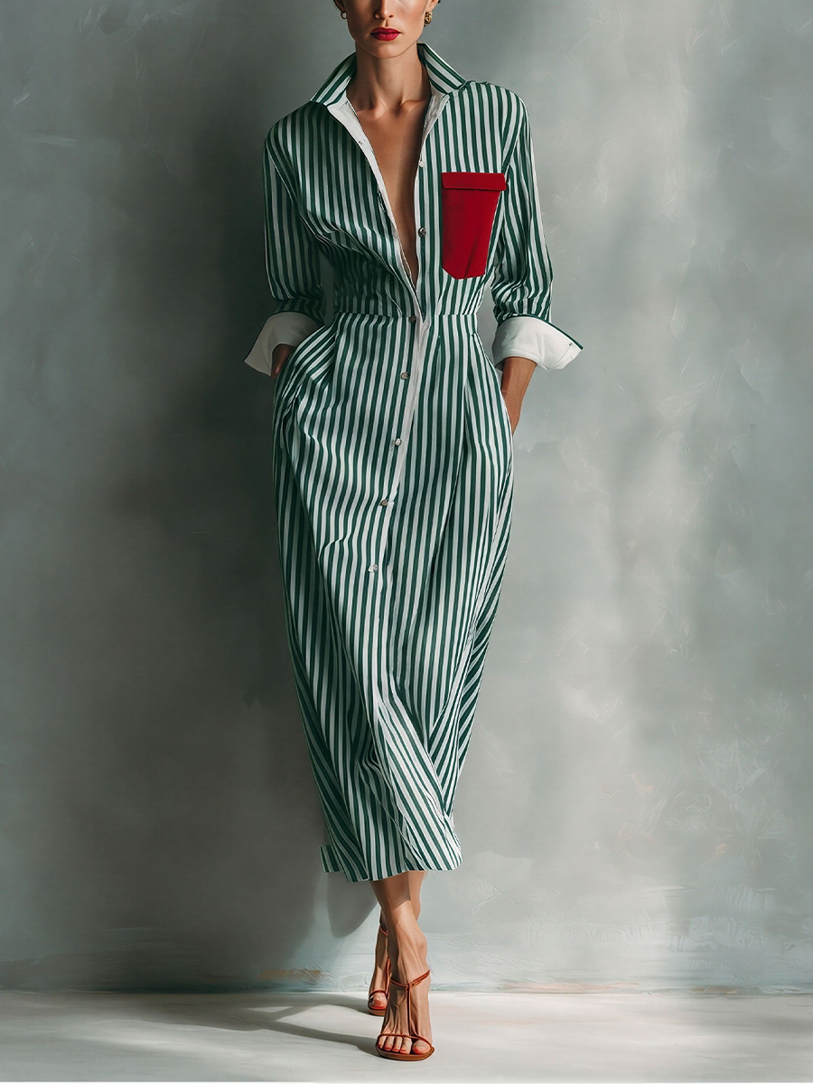 Celeste | Vestito camicia a righe con taschino rosso sul petto