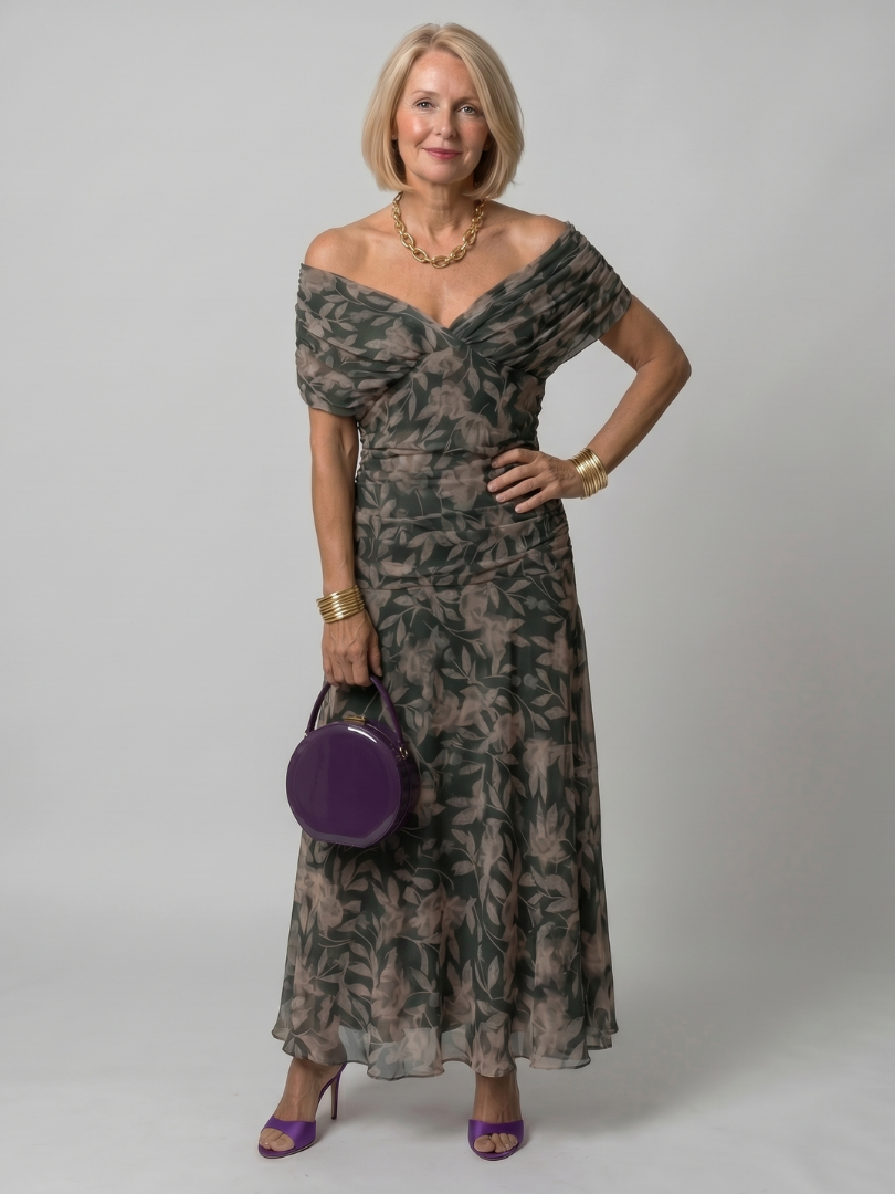 Adriana | Abito midi off-shoulder in chiffon floreale dal fascino romantico