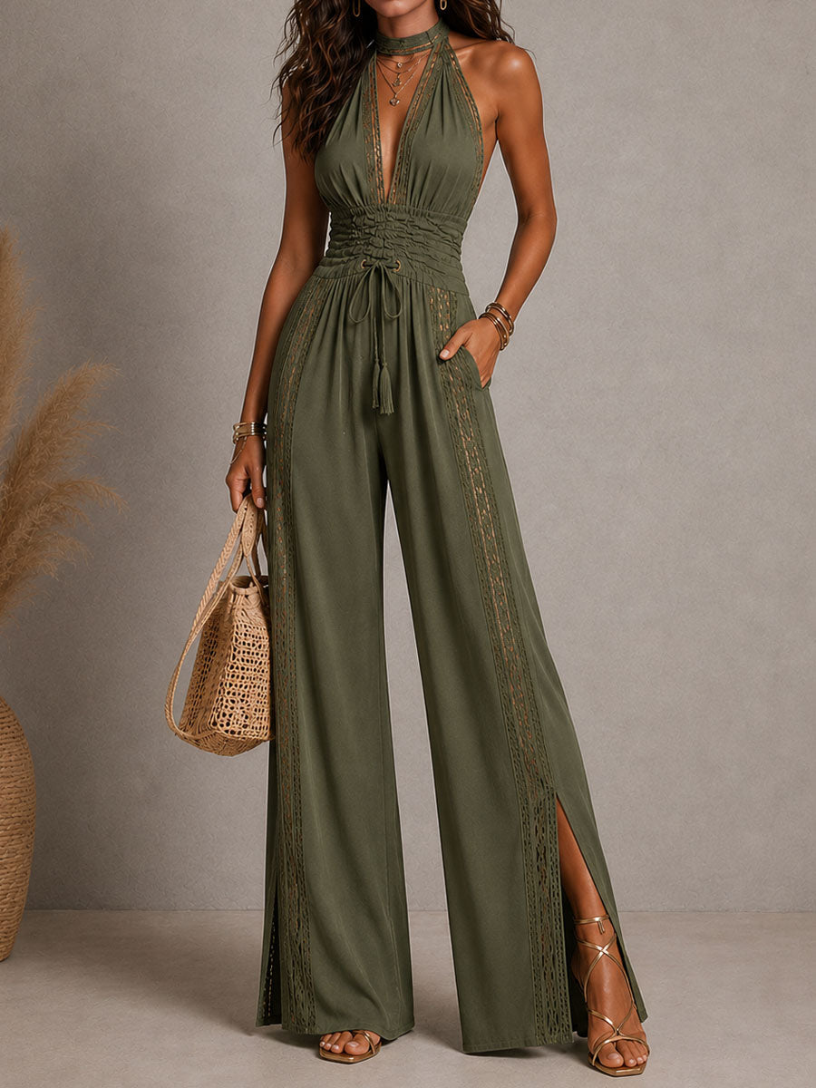 Romina | Tuta nera halter con pannelli in pizzo e vita arricciata