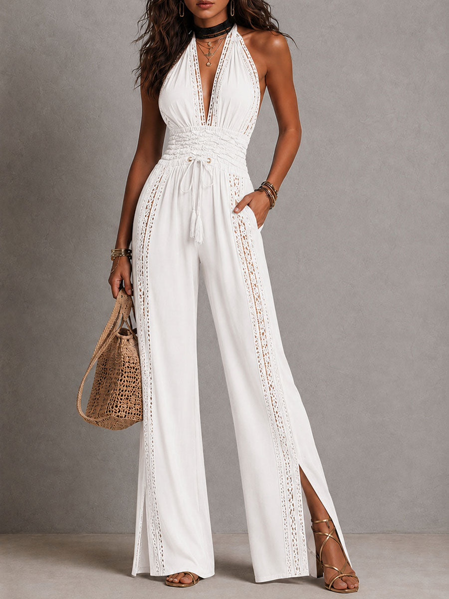 Romina | Tuta nera halter con pannelli in pizzo e vita arricciata