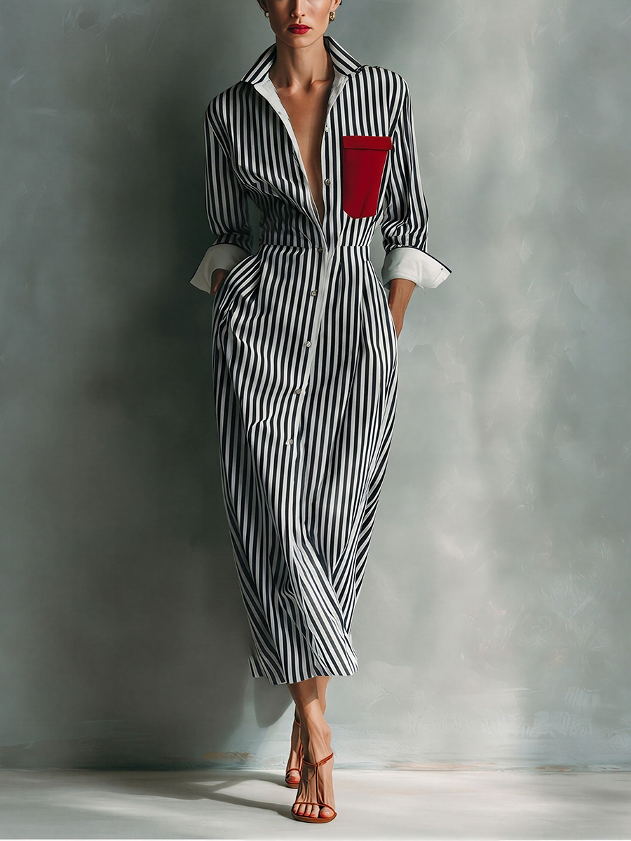 Celeste | Vestito camicia a righe con taschino rosso sul petto