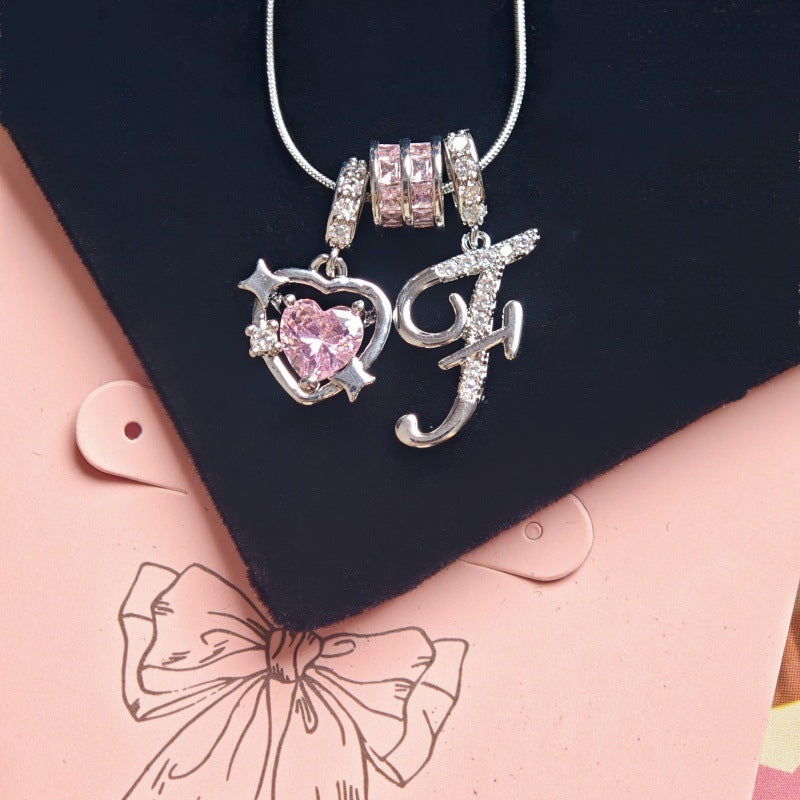 Initial & Pink Crystal Necklace - Silver