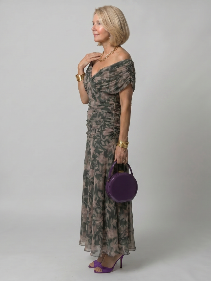 Adriana | Abito midi off-shoulder in chiffon floreale dal fascino romantico