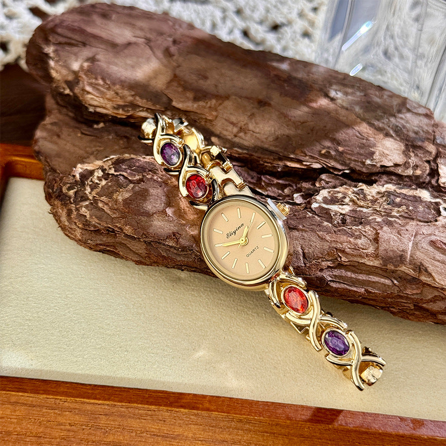 Retro Oval Quartz Watch with Multicolored Crystal Bracelet