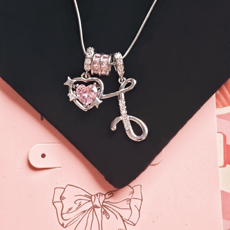 Initial & Pink Crystal Necklace - Silver