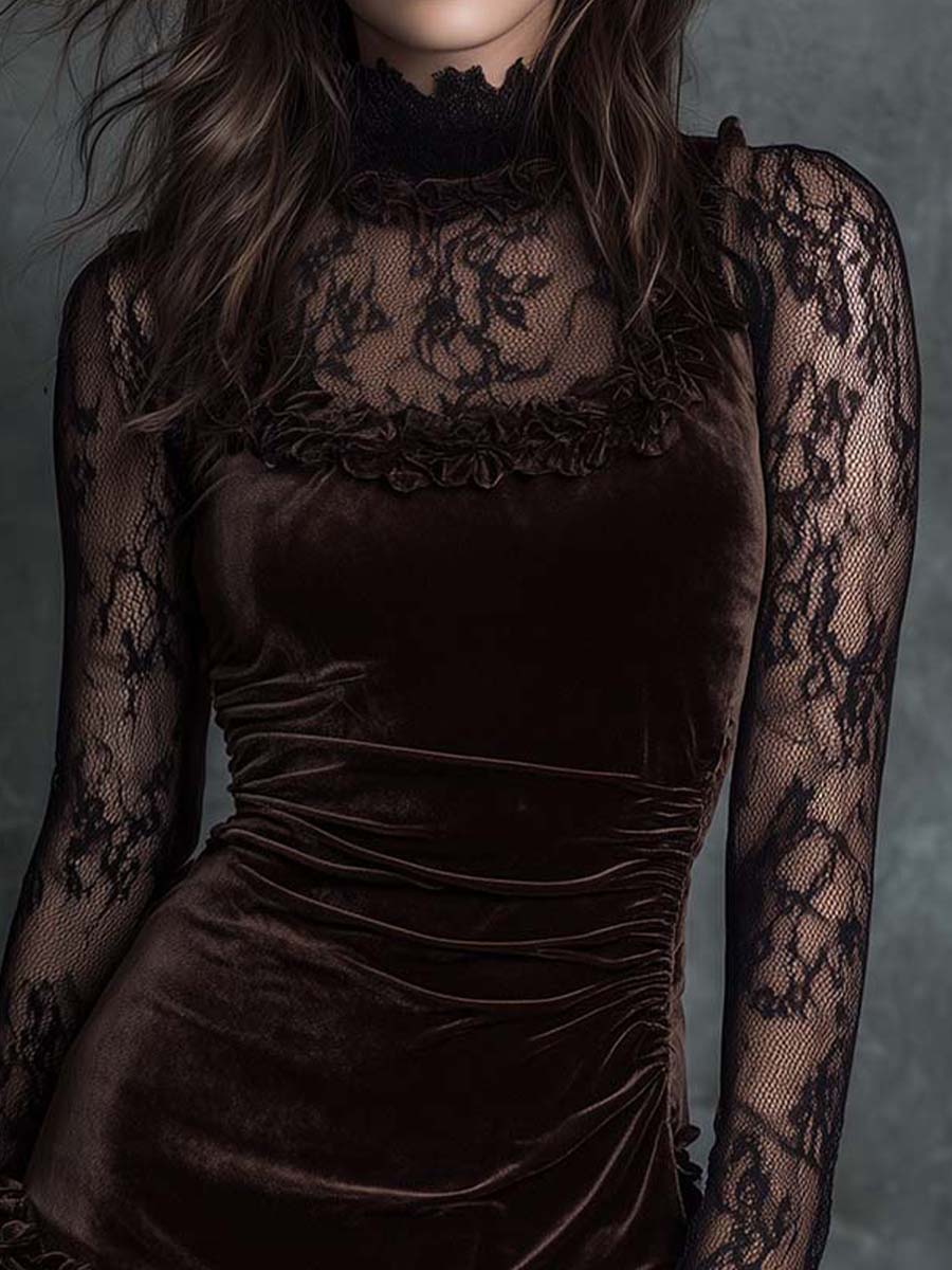 Vestito mini plissettato gotico in velluto al cioccolato con pizzo