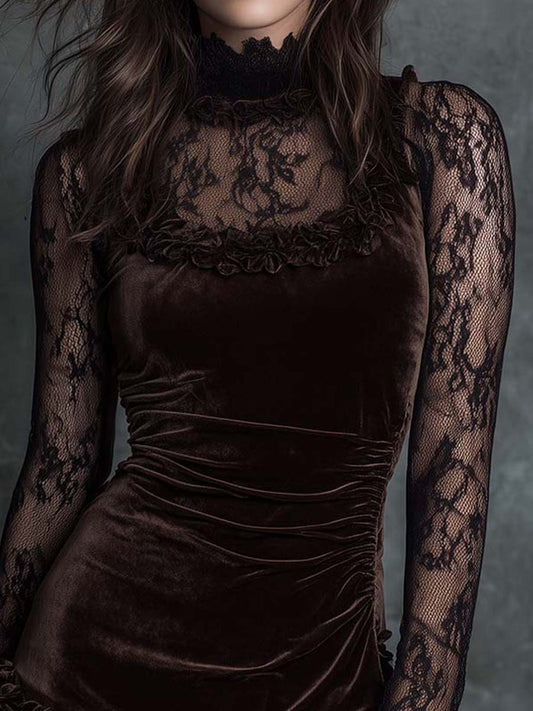 Vestito mini plissettato gotico in velluto al cioccolato con pizzo