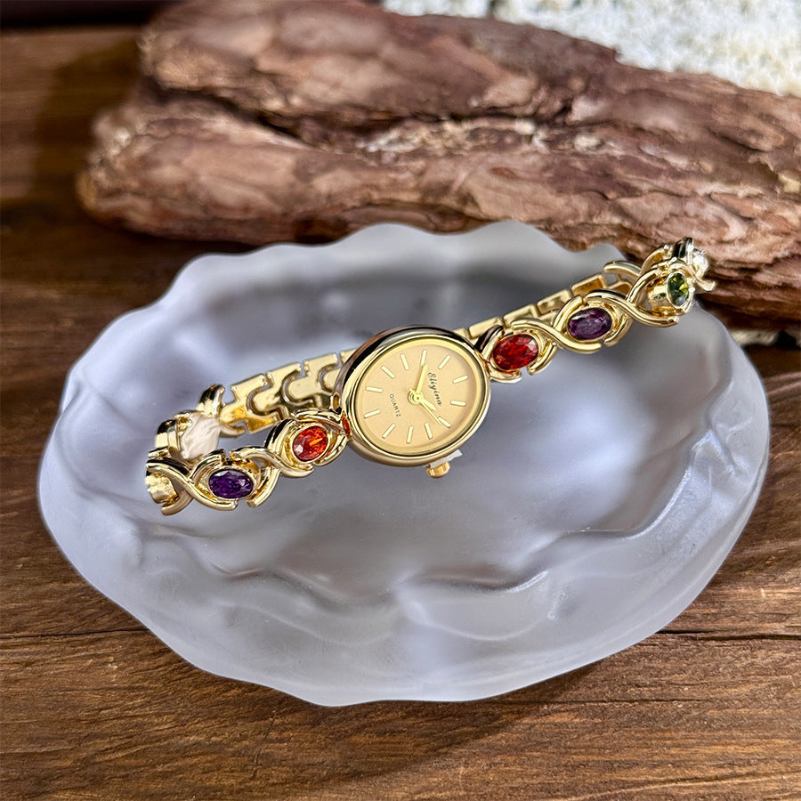Retro Oval Quartz Watch with Multicolored Crystal Bracelet