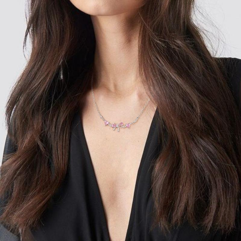 Dainty Pink Bow Crystal Necklace