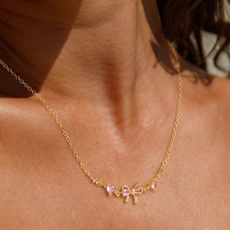 Dainty Pink Bow Crystal Necklace