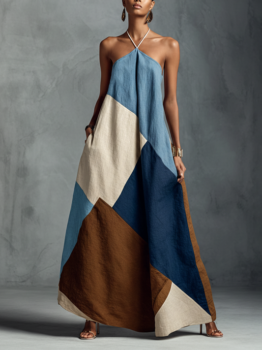 Dafne | Abito maxi halter patchwork in toni terra e blu navy