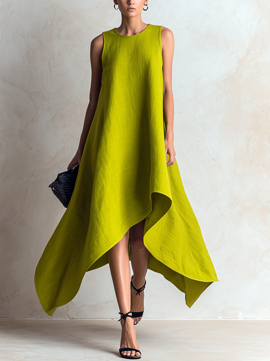 Matilde | Vestito midi asimmetrico verde lime senza maniche