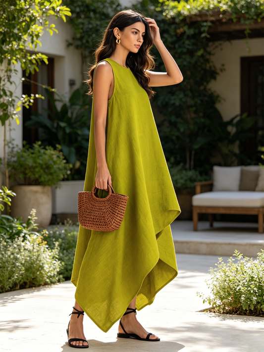 Matilde | Vestito midi asimmetrico verde lime senza maniche