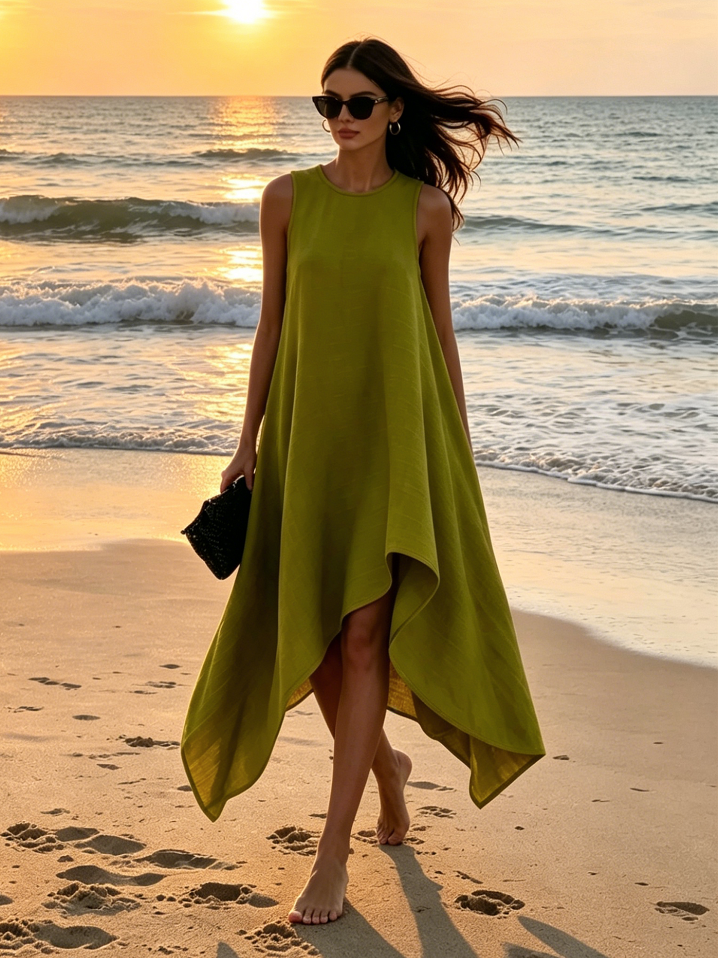 Matilde | Vestito midi asimmetrico verde lime senza maniche