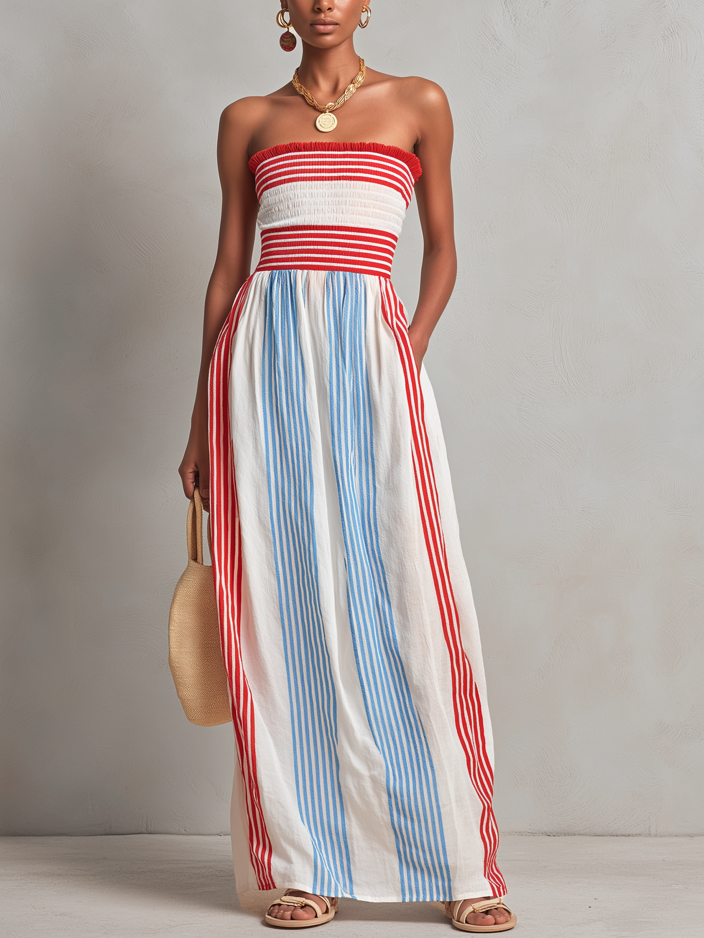 Alba | Abito maxi a righe rosse e blu con corpino smock senza spalline