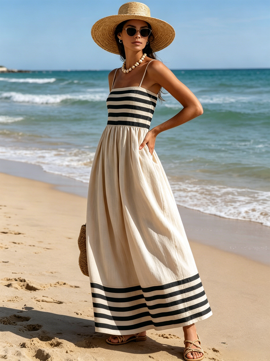 Lavinia | Vestito maxi a righe nero e beige con bretelle