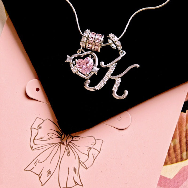 Initial & Pink Crystal Necklace - Silver