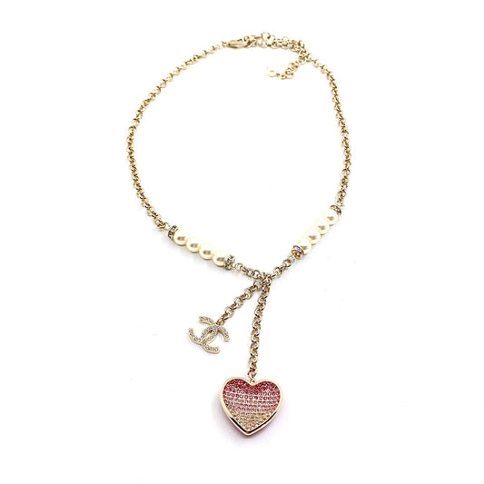 18K  Chanel Pink Heart Diamonds Necklace