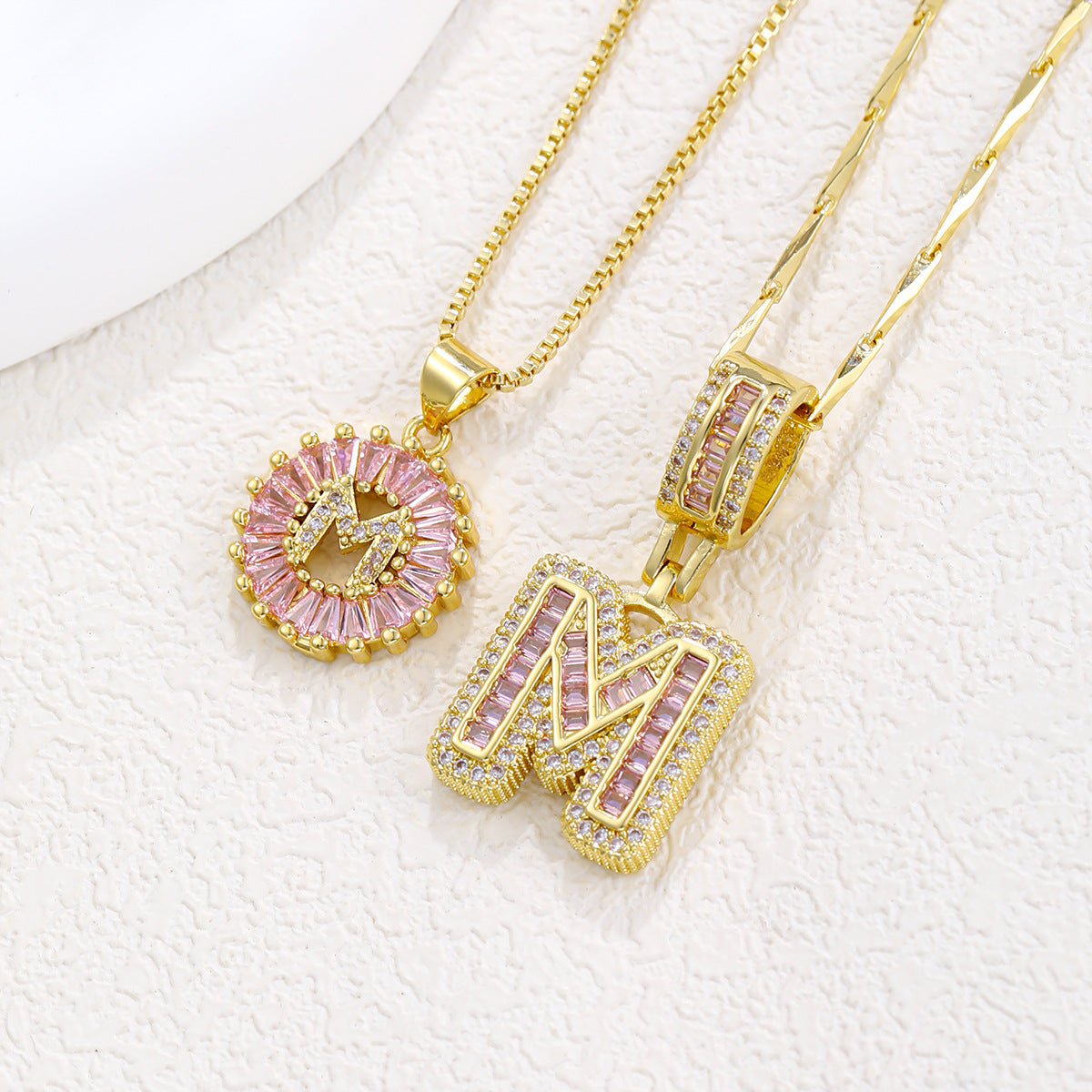 2-Pack Pink CZ Initial Necklaces