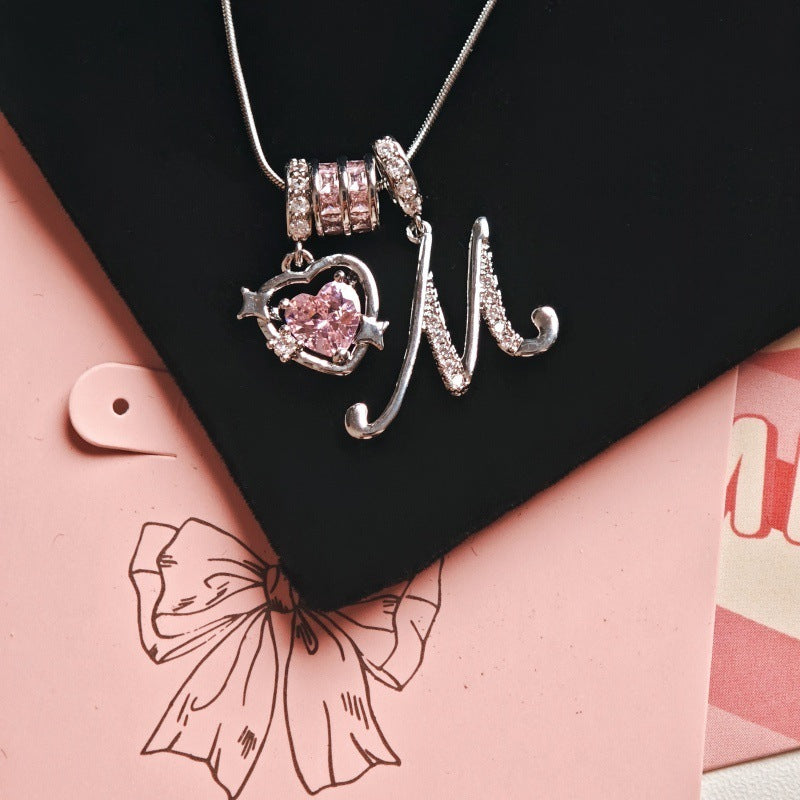 Initial & Pink Crystal Necklace - Silver