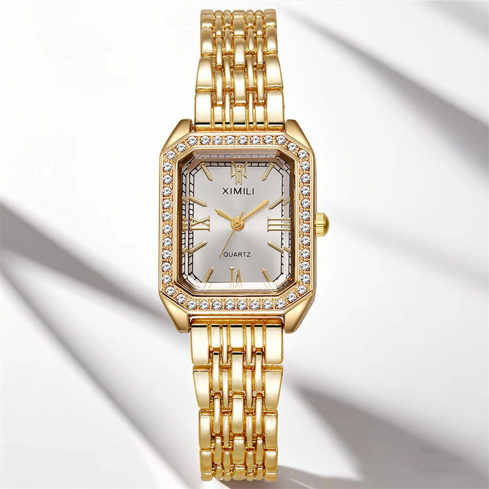 Sparkling Square Gold Watch with Crystal Bezel