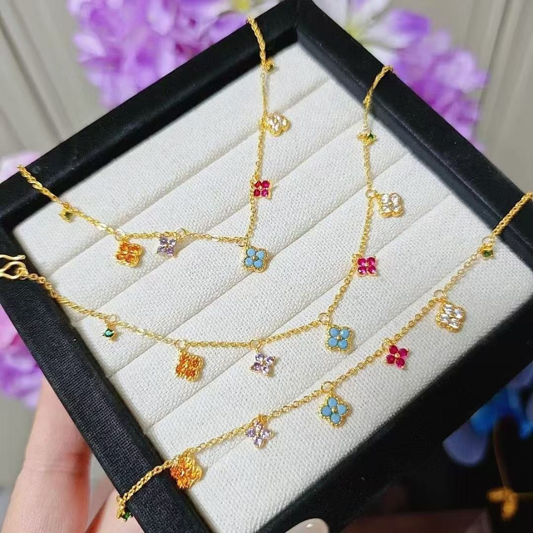 Dainty Multicolor Blossom  Necklace Bracelet Ring Earrings Jewelry Set