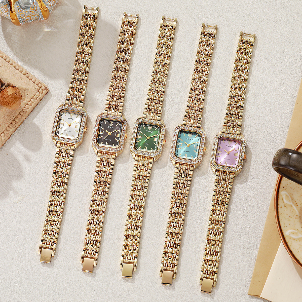 Sparkling Square Gold Watch with Crystal Bezel
