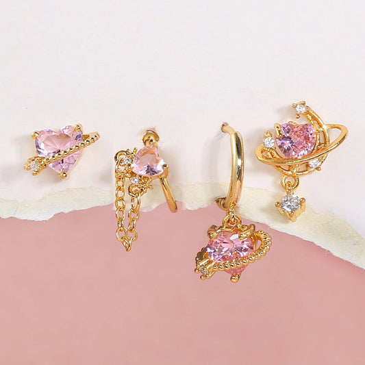 Sweet 4-Piece Pink Heart Earrings Set