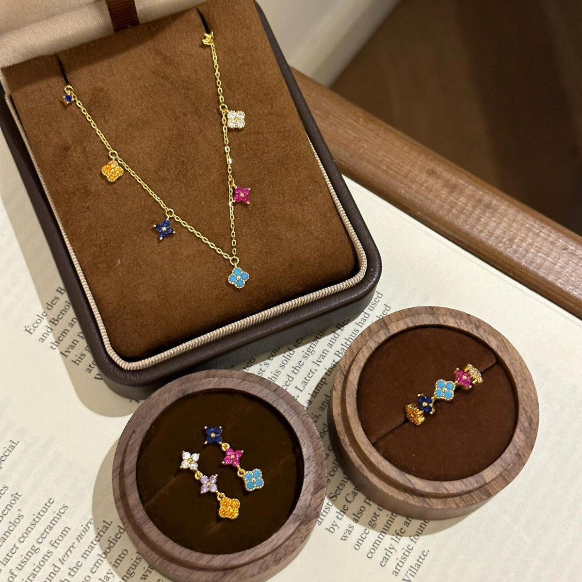 Dainty Multicolor Blossom  Necklace Bracelet Ring Earrings Jewelry Set