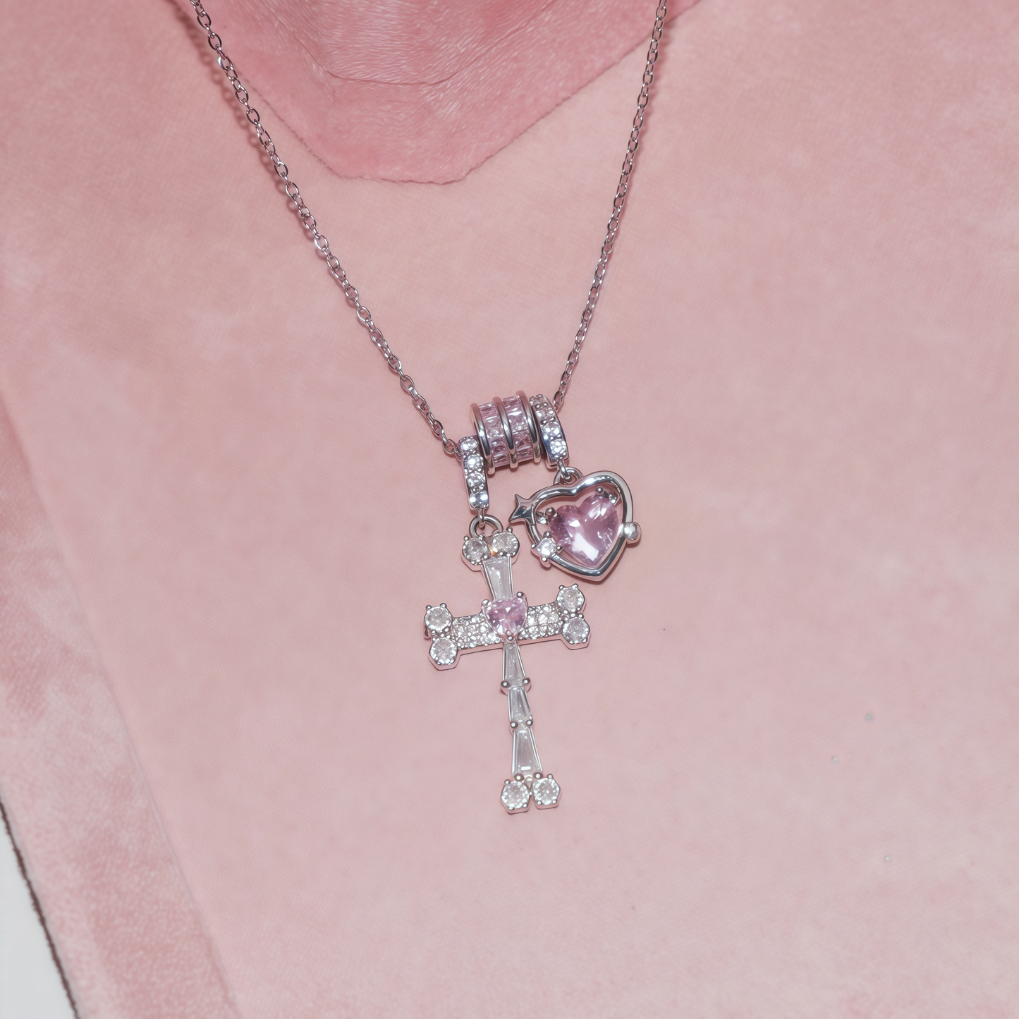 Crystal Cross & Heart Necklace