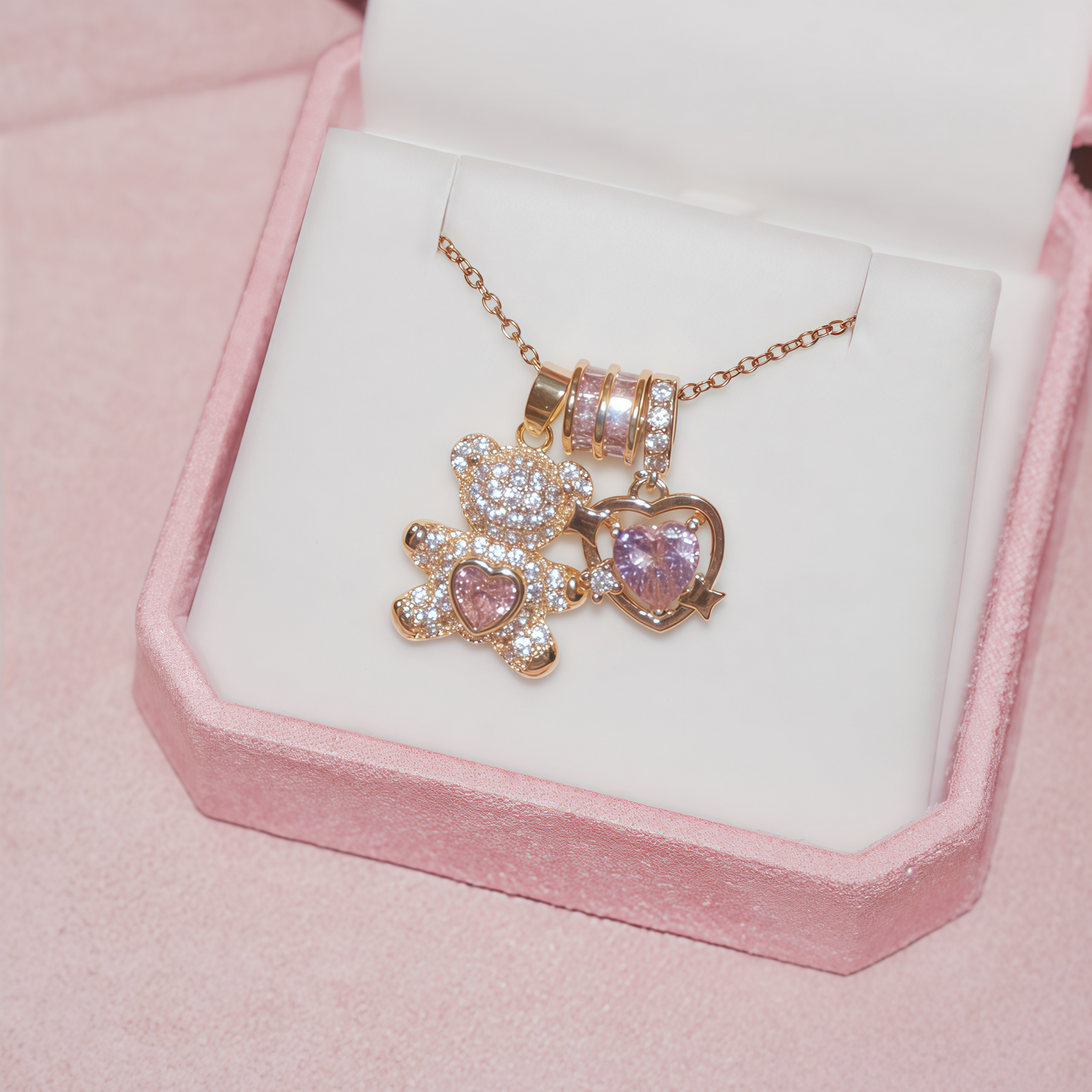 Sparkling Bear & Heart Pendant Necklace