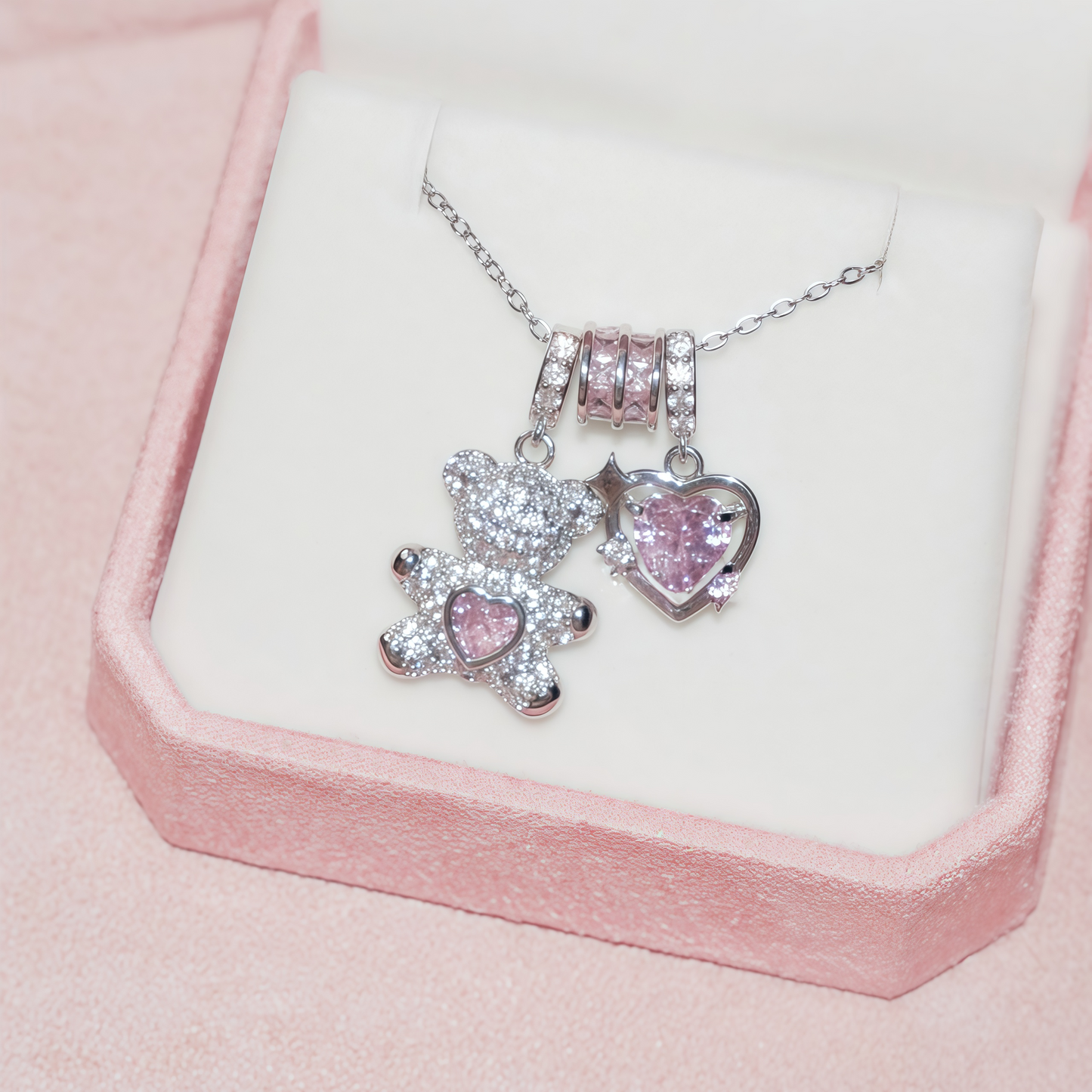 Sparkling Bear & Heart Pendant Necklace