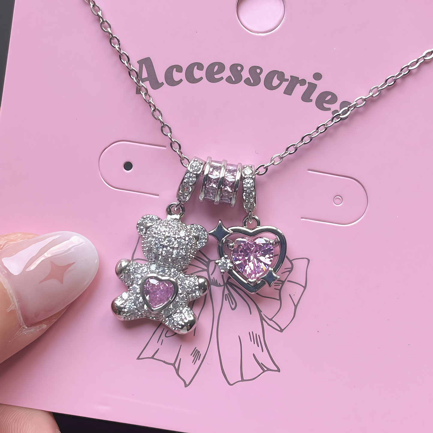 Sparkling Bear & Heart Pendant Necklace