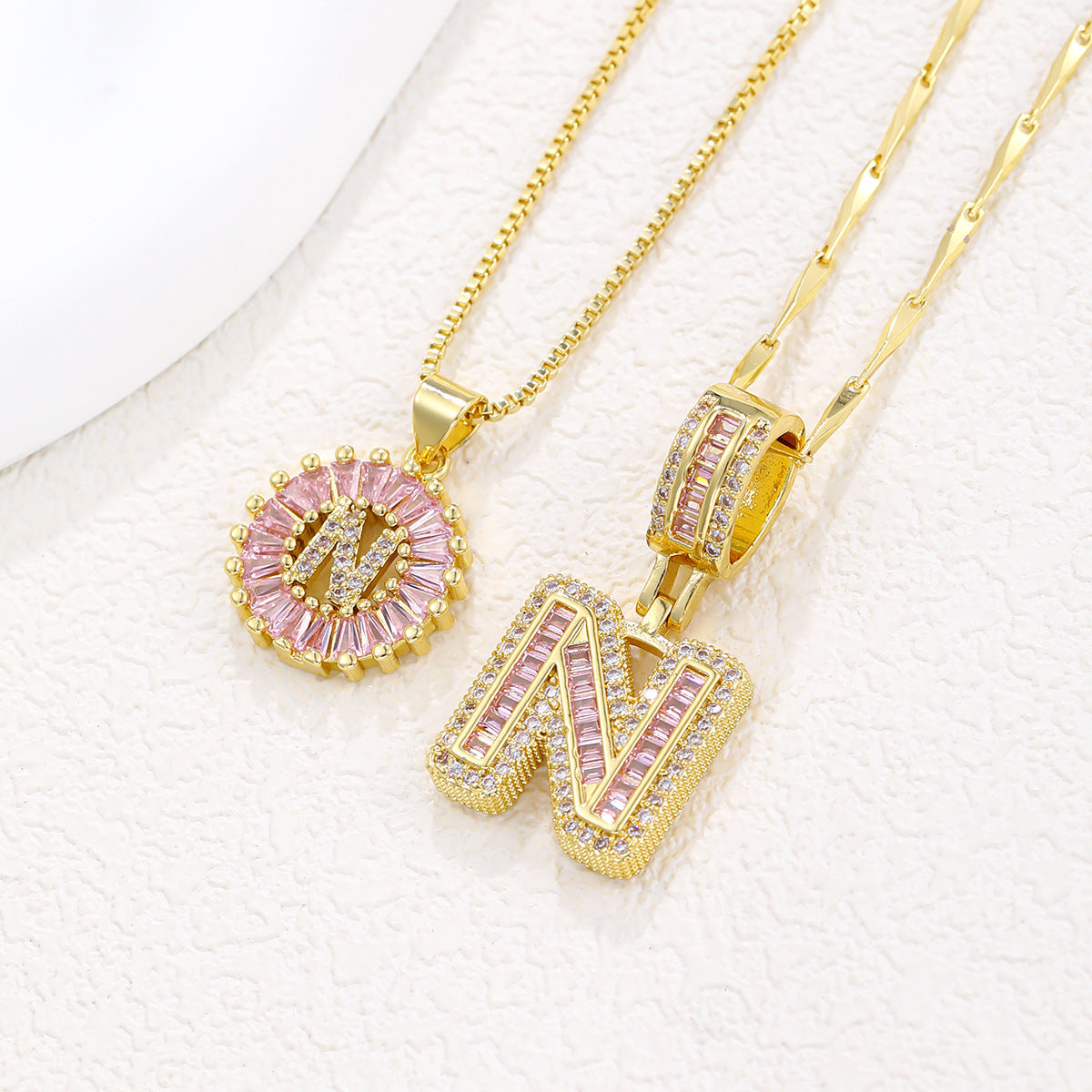 2-Pack Pink CZ Initial Necklaces