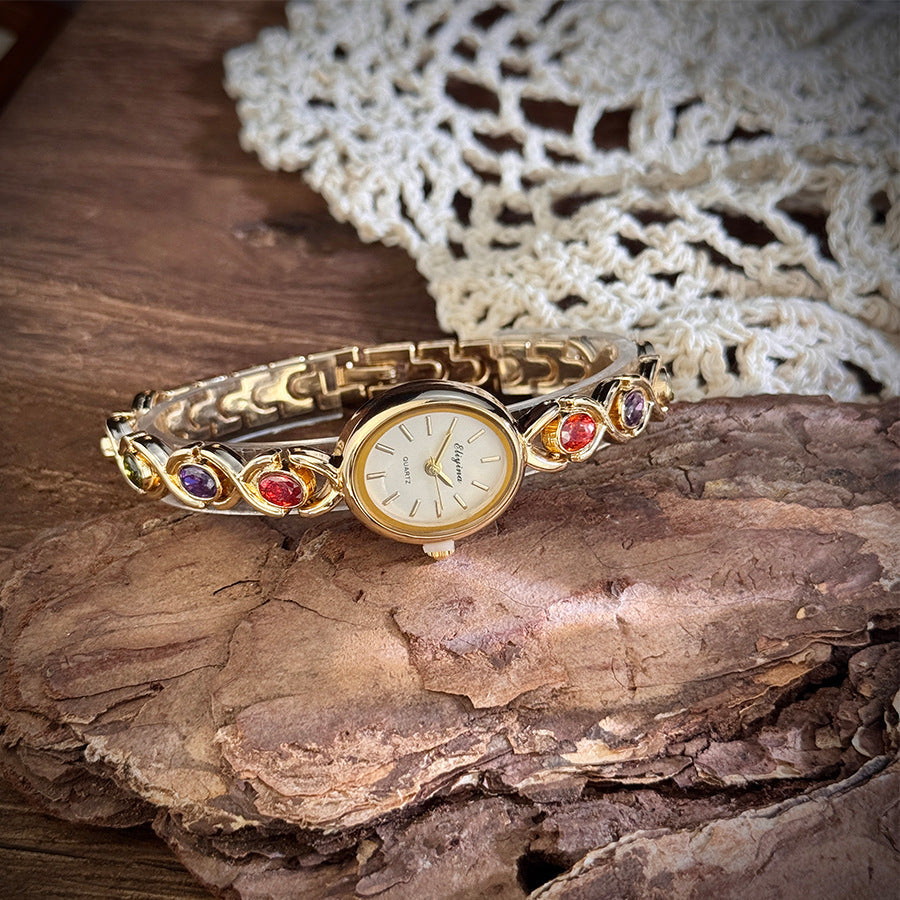 Retro Oval Quartz Watch with Multicolored Crystal Bracelet