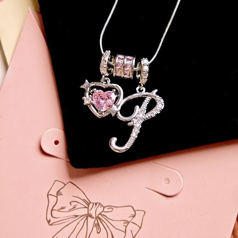 Initial & Pink Crystal Necklace - Silver